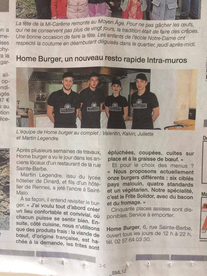 Article Ouest France - Home Burger | Saint-Malo